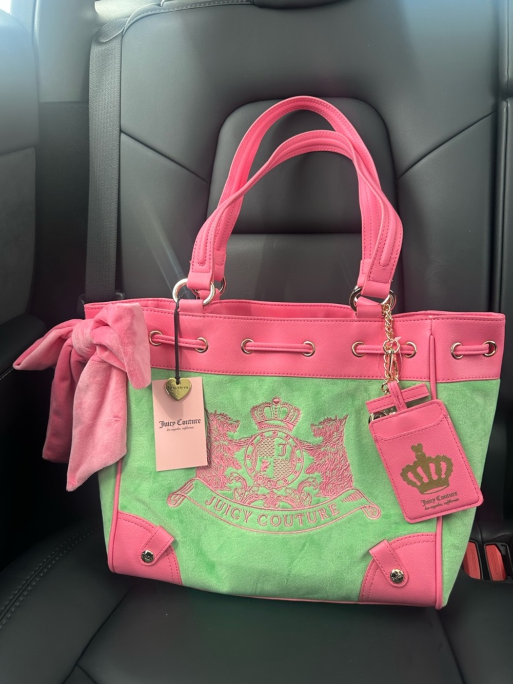 Juicy Couture Pink and Mint Green Tote with Bow and Crest